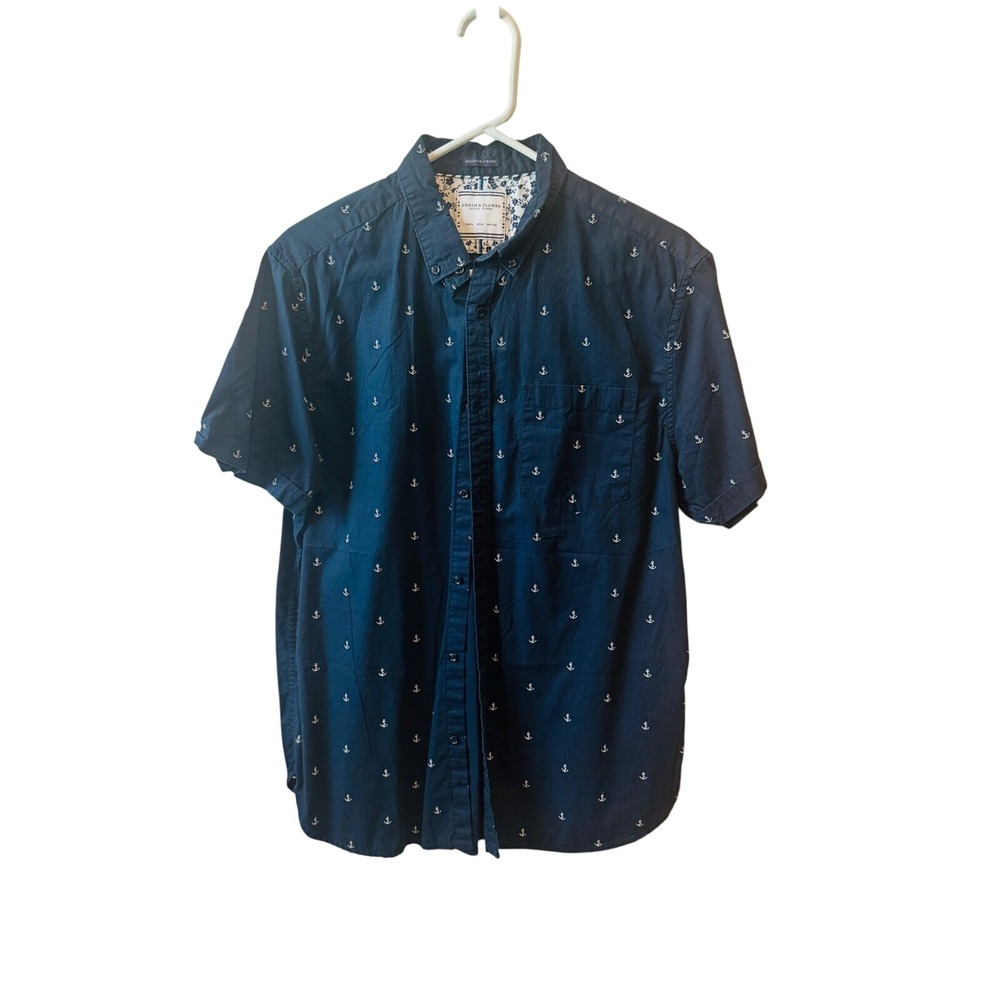 Denim & Flower Anchor Print Button Down Short Sleeve Shirt Casual Mens 42
